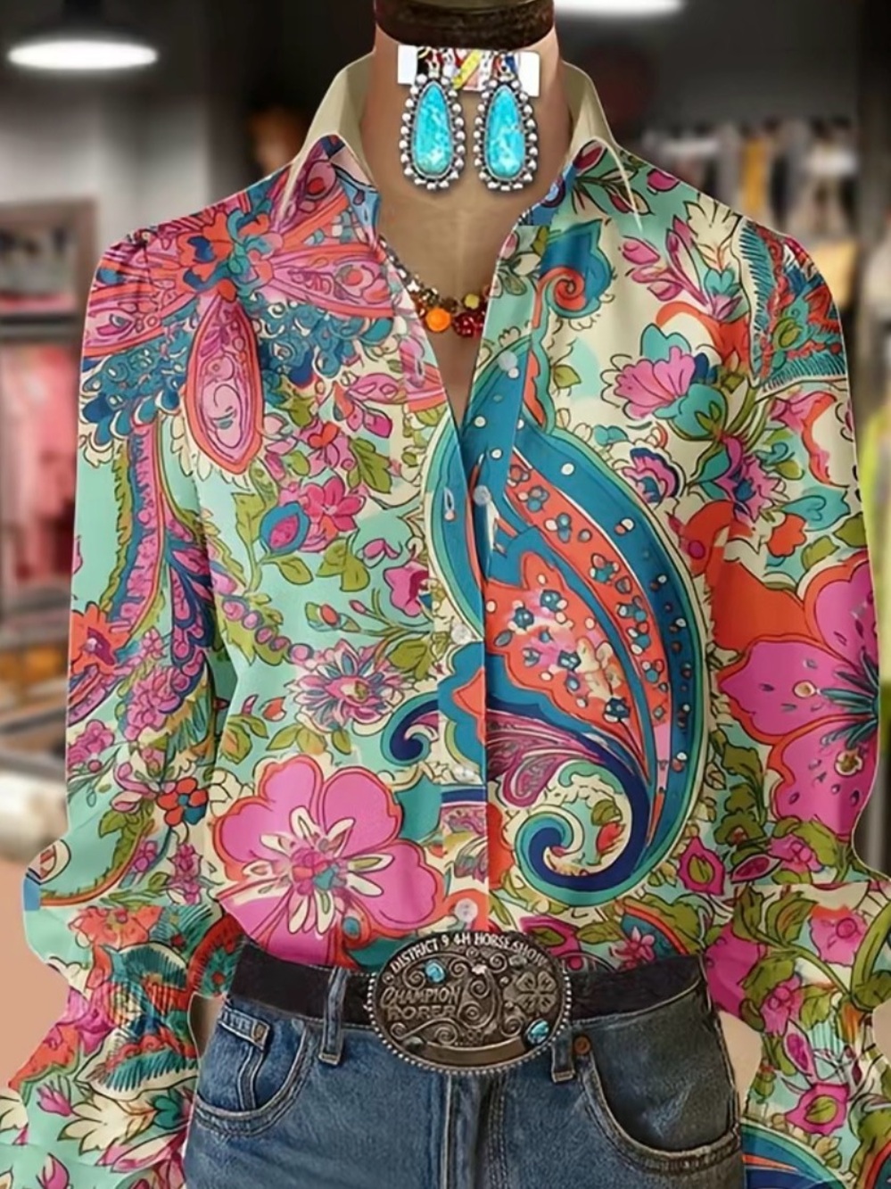 CherryBetty Floral Paisley Print Collared Bell Sleeve Blouse
